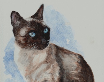 Siamese cat in watercolor, cat in handmade watercolor painting, cat lover gift, Siamese cat portrait, popular pure cat breed, wall art cat