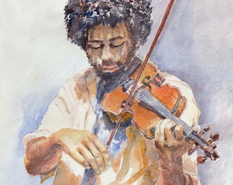 Violin player playing outside, gift for music teacher or violinist, street musician in art print from handmade watercolor