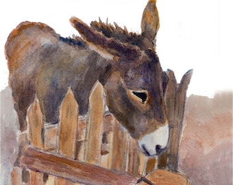 Donkey from watercolor in art print, gift for donkey lover, a home gift décor for a farm house, animal nursery art print