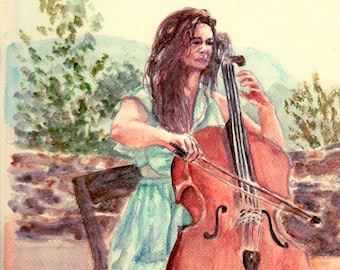 Cello player watercolor portrait, handmade painting of a cello player, musician playing at wedding, gift for cello musician or teacher