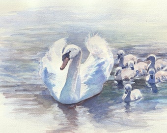 Swan bird wall art print, swan portrait from watercolor, swan with babies,  swan painting, classic wall art painting for bathroom, nautical