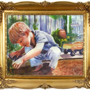 Child portrait from handmade watercolor in gold frame