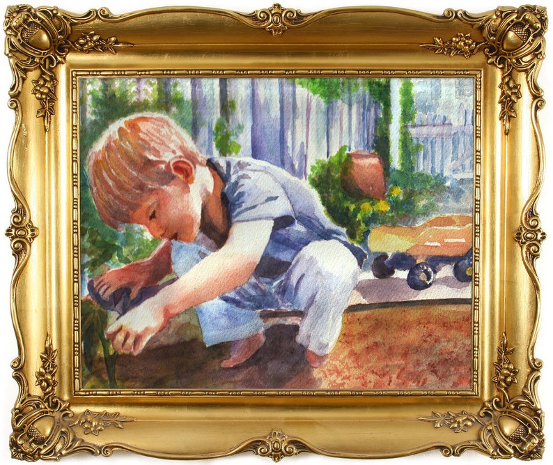 Child portrait from handmade watercolor in gold frame