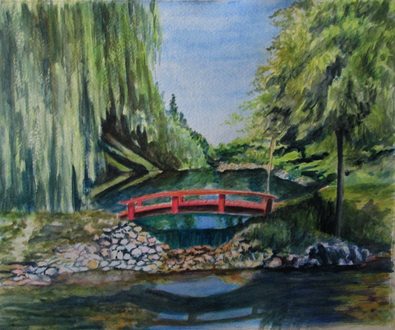 Custom watercolor of a Japanese garden with an arch red wood bridge