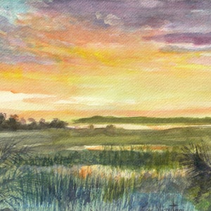 A custom watercolor of a sunset over the marsh