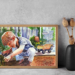 Child portrait in handmade watercolor. Boy doing garden work