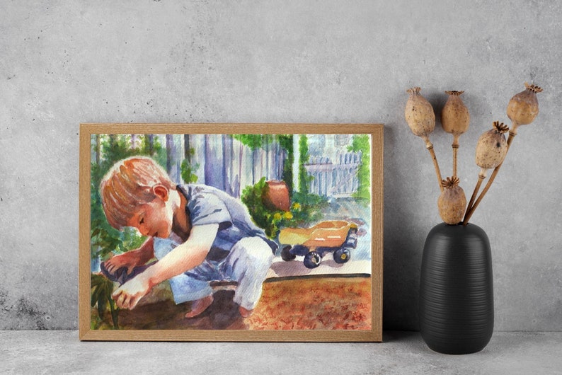 Child portrait in handmade watercolor. Boy doing garden work