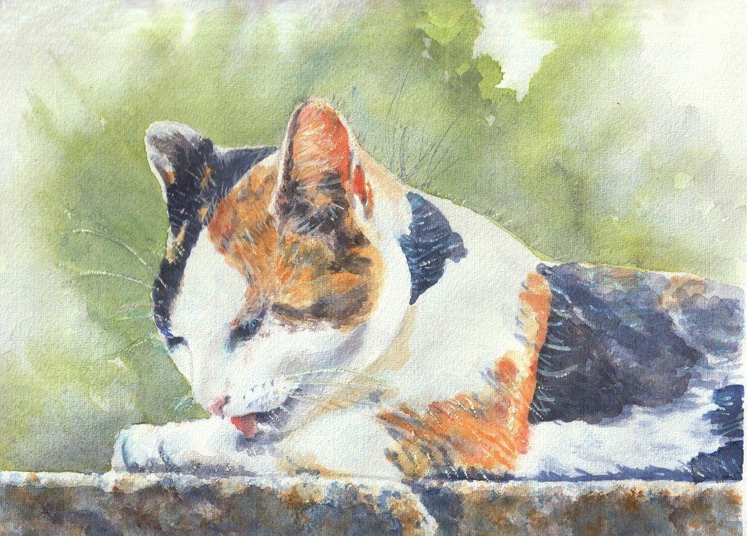 三毛猫、手作りの猫の水彩画、白いマット付きの猫のアート