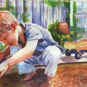 Child portrait in handmade watercolor. Boy doing garden work