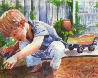 Child portrait in handmade watercolor, a boy cutting plants in a garden backyard, gift for a gardener, art print with mat, child decor room