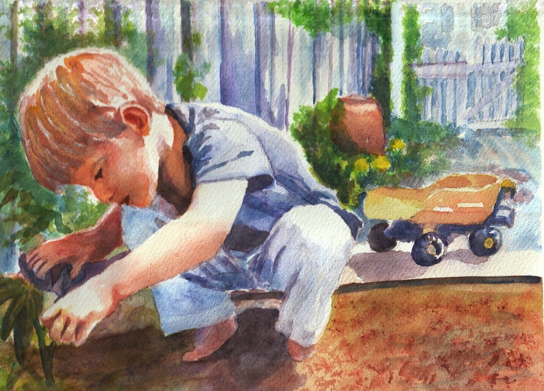 Child portrait in handmade watercolor. Boy doing garden work