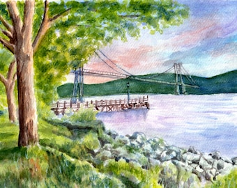 Mid-Hudson bridge, Poughkeepsie bridge from the shore, Hudson river art, art print with mat, housewarming gift from upstate New York