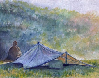 Meditation outdoor, wild camping lover, sunrise painting in watercolor, bush craft camping, landscape art print, gift for outdoor lover fan