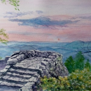 Custom watercolor painting of the view of blue mountains from a stone platform