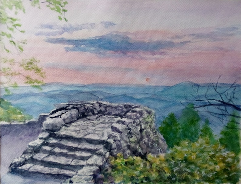 Custom watercolor painting of the view of blue mountains from a stone platform