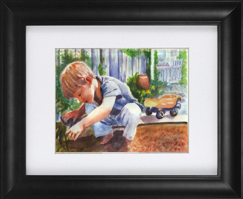 Child portrait from handmade watercolor in black frame