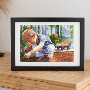 Child portrait in Print from handmade watercolor. Boy doing garden work