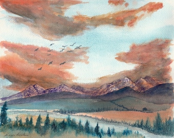 Alberta Impression in Aquarell Malerei, Kanadad Wildnis Charme, Berge Aquarell, Sonnenuntergang Landschaftsbild, Kunstdruck Landschaft