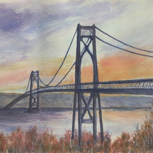 Mid-Hudson Bridge im Sonnenuntergang vom Aquarell, Poughkeepsie-Brücke, New York Bridge, Wohnheim Geschenkidee
