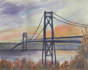 Mid-Hudson Bridge in the sunset from watercolor, Poughkeepsie bridge, home coming art print, New York bridge, estate gift idea