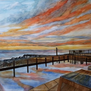 A custom watercolor of a flamboyant sunset over a marina