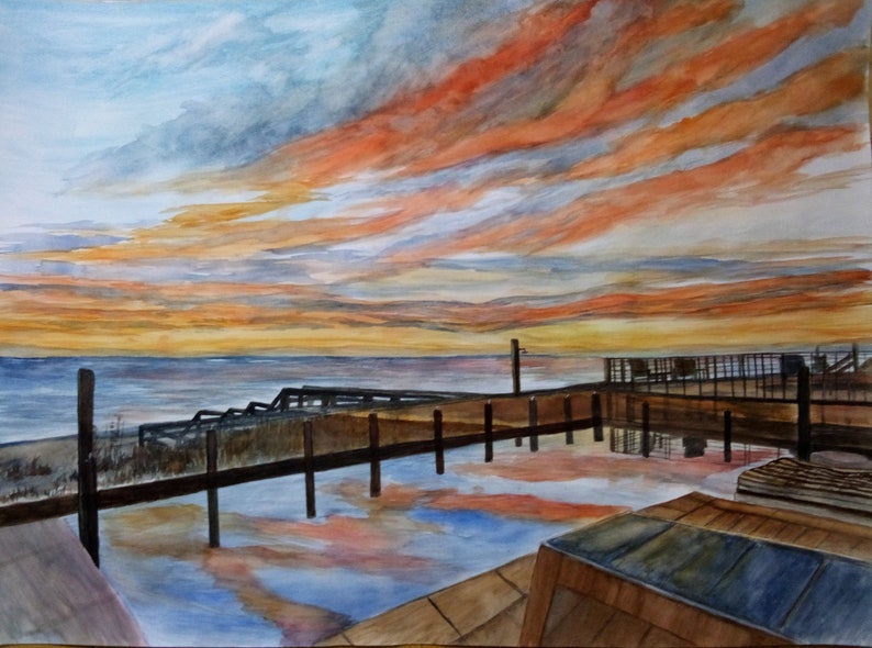 A custom watercolor of a flamboyant sunset over a marina