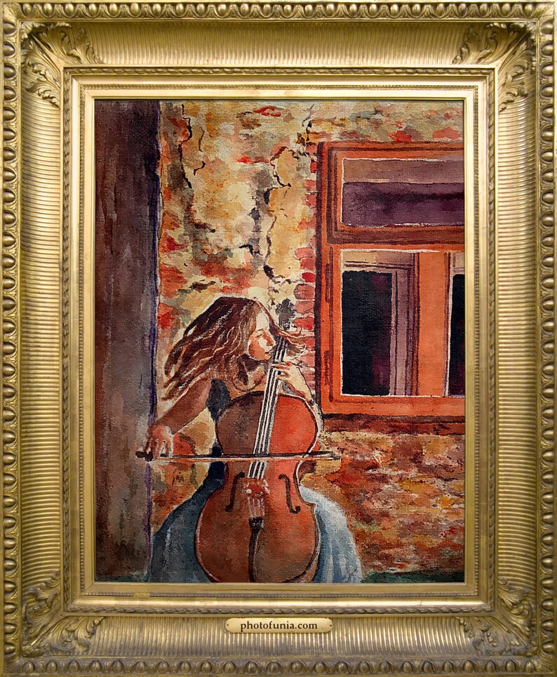 Painting of a Girl Playing the Cello, a Violoncello Player Watercolor ...