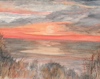Orange Sonnenuntergang über Meer in Aquarell, handgemachte Aquarellmalerei eines atemberaubenden Sonnenuntergangs, Ansicht vom Strand, Einweihungsgeschenk