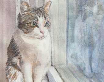 Gray and white cat portrait from watercolor, portrait of indoor cat looking outside, cat memorial gift for cat owner, cute kitten painting