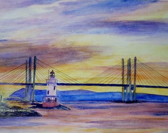 Mario M. Cuomo Bridge painting, Tappan Zee Bridge in watercolor, sunset painting in watercolor, sunset over Hudson River, New York bridge