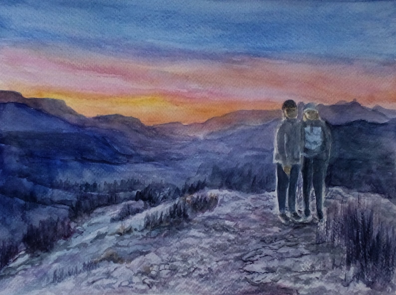 Custom watercolor painting of a mother and daughter at the summit of a mountain under a sunset