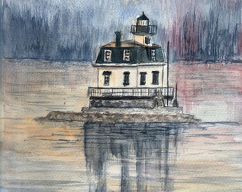 Esopus Meadows lighthouse in watercolor painting, Hudson River lighthouse, lighthouse art print, New York landmark in Port Ewen