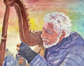 Harp musician portrait in watercolor, painting of man playing harp, musician gift, street musician, harp, watercolor portrait painting