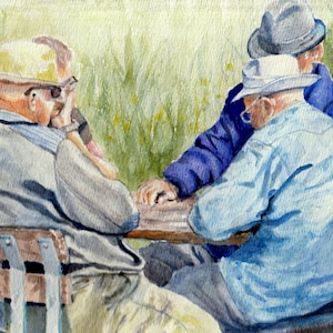 Watercolor portrait of players, watercolor art print old folks, senior citizens painting, painting for retirement house, wall decor gift