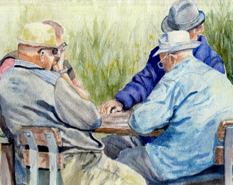 Watercolor portrait of players, watercolor art print old folks, senior citizens painting, painting for retirement house, wall decor gift