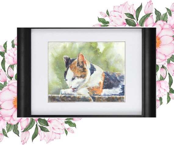 三毛猫、手作りの猫の水彩画、白いマット付きの猫のアートプリント、三
