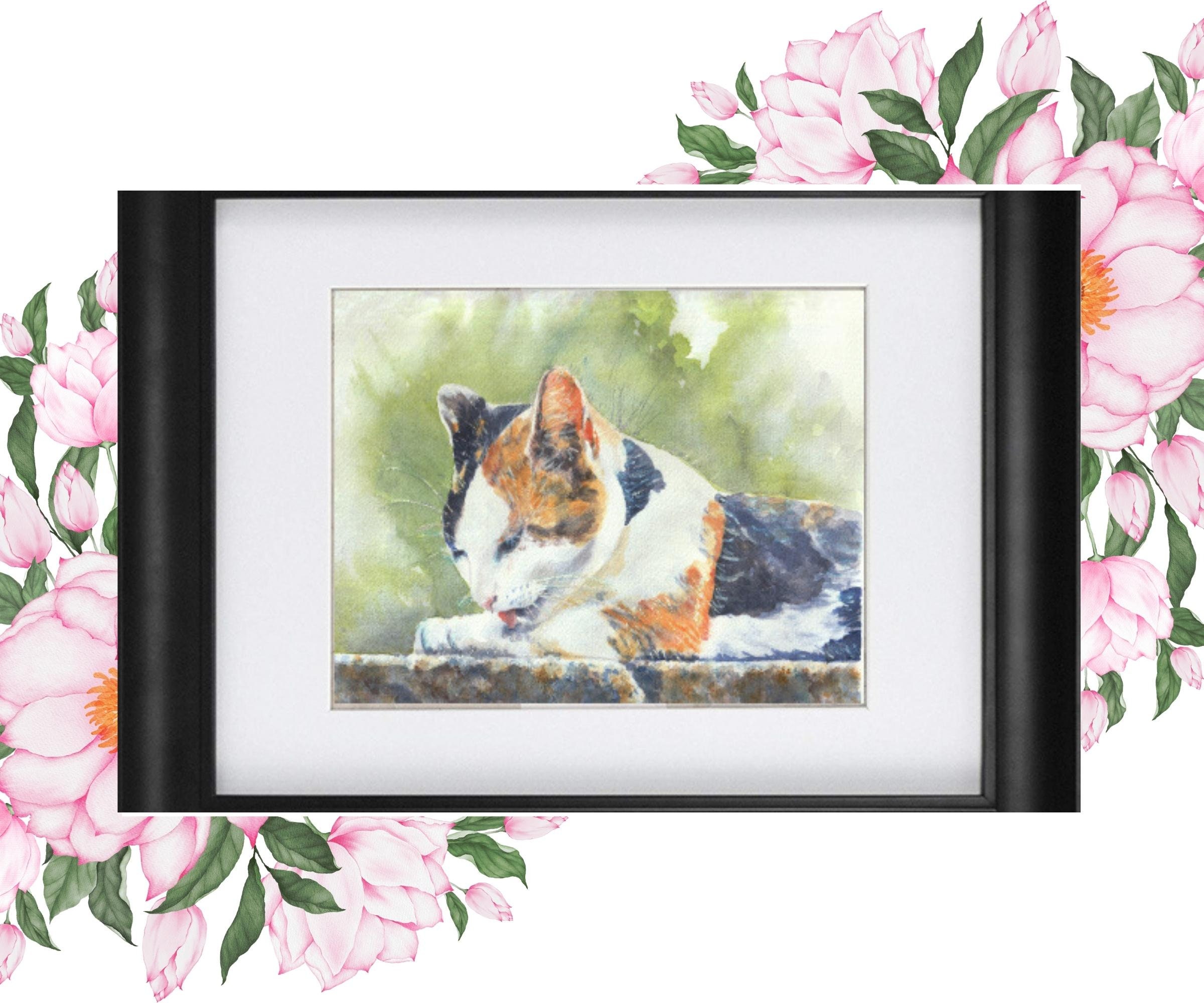 三毛猫、手作りの猫の水彩画、白いマット付きの猫のアートプリント、三