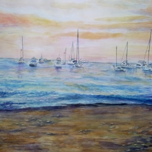 custom watercolor of a light sunset above the ocean with a multitude of sailboats.