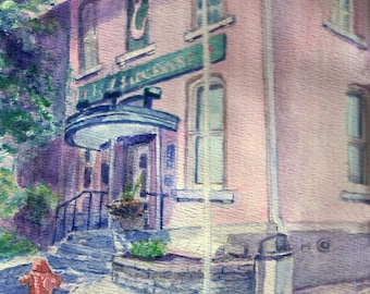 Red Hook village building, Hudson Valley landmark in watercolor, watercolor painting of town building from photo, Red Hook Village New York
