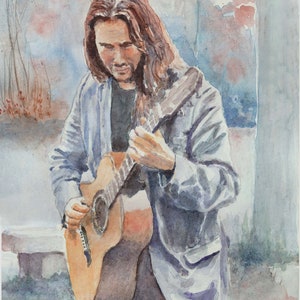 Guitarist portrait art print from watercolor, guitarist musician, gift for guitarist, music room decor, musician wall art,