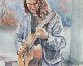 Guitarist portrait art print from watercolor, guitarist musician, gift for guitarist, music room decor, musician wall art,