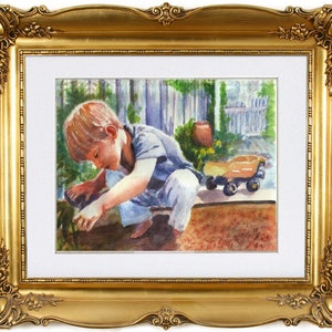 Child portrait from handmade watercolor in gold frame