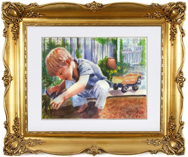 Child portrait from handmade watercolor in gold frame