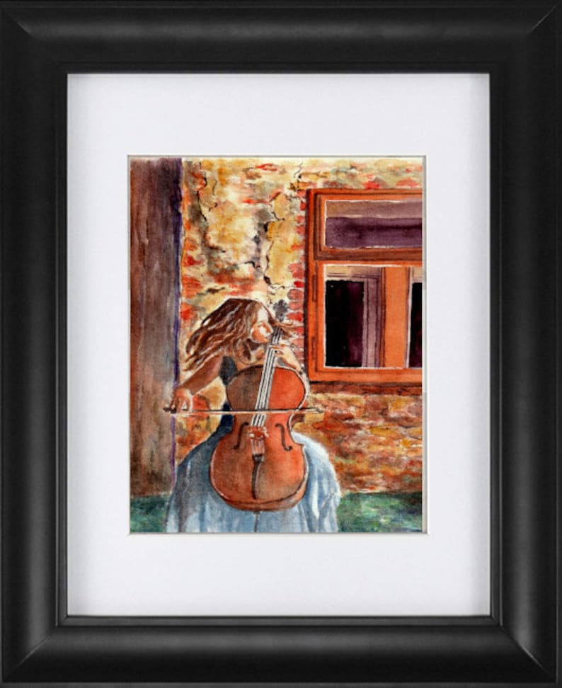 Painting of a Girl Playing the Cello, a Violoncello Player Watercolor ...