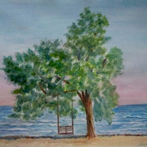 Giant tree with swing near the beach. Custom watercolor from photo