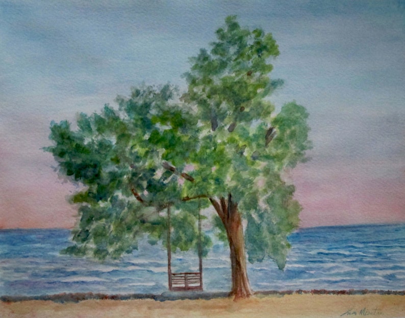 Giant tree with swing near the beach. Custom watercolor from photo