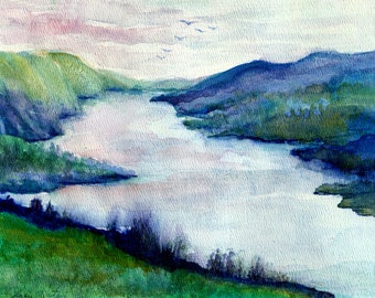 Hudson River painting, blue river view, mountains  over Hudson river in New York State, home decor, housewarming gift, watercolor art print