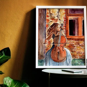 Painting of a Girl Playing the Cello, a Violoncello Player Watercolor ...