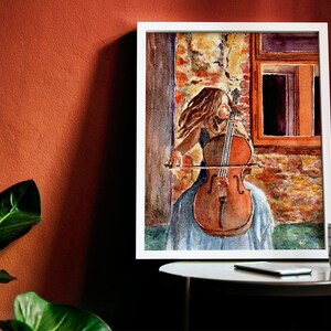 Painting of a Girl Playing the Cello, a Violoncello Player Watercolor ...