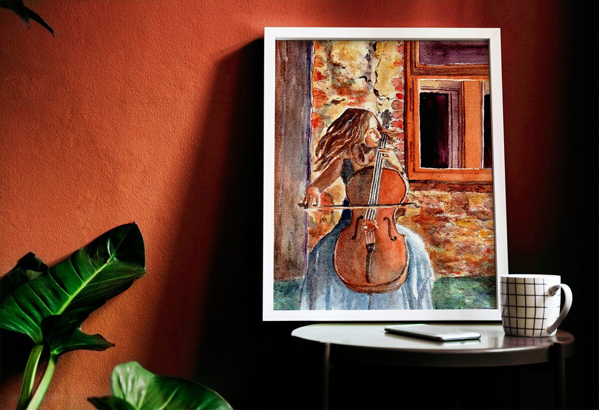 Painting of a Girl Playing the Cello, a Violoncello Player Watercolor ...